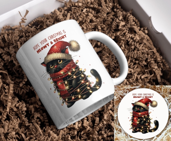 Weihnachtstasse mit lustigem Katzenmotiv und passendem Untersetzer: Eine schwarze Katze mit rotem Schal und Weihnachtsmütze ist in eine leuchtende Lichterkette eingewickelt. Über dem Motiv steht der Schriftzug ‚Hope your Christmas is Meowy & Bright‘ in fe